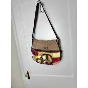 Vintage Y2K Union Bay Patchwork Crossbody Messenger Bag Peace Heart Boho Utility